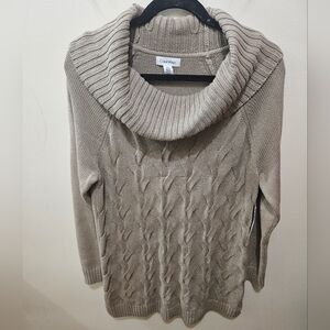 Calvin Klein Tan Cowlneck Cable Knit Cotton Blend Tunic Sweater Dress Size Large